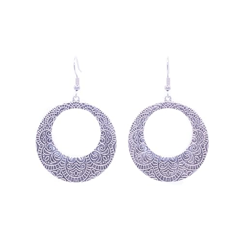 Imagen de ZARZAMORA Pendientes Bohemio Vintage de Plata Tibetana Acabado Antiguo y Ganchos Acero Inoxidable- Aros Grandes Colgantes Diseño Étnico Tallado en RelieveRegalo Original