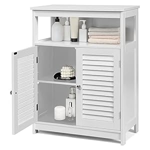 COSTWAY Badkamerkast, wit, vrijstaande badkamerkast, opbergkast met 2 rolluikdeuren, keukenkast, badkamercommode van hout voor badkamer, keuken, woonkamer (wit)