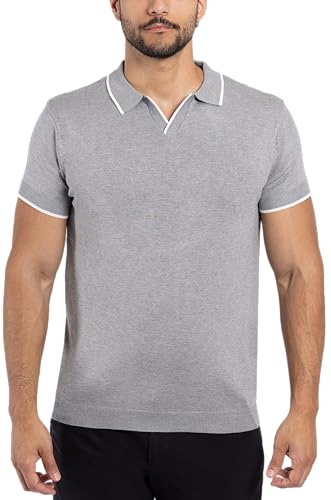 X RAY Mens Knit Polo Sweater Short Sleeve, Tipped Johnny Collar Sweater Polo Top Knitted Tops for Men, Heather Grey, Large