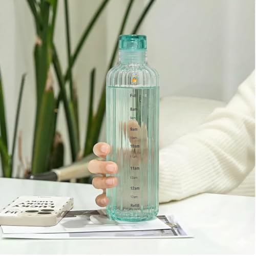 Image of Borosilicate Glass Water Bottles with Cap, Water Bottle 500ML Glass Motivational Time Marker Drink Bottle Cute Glass Milk Juice Drinking Bottles for Girls Kids Women for School, Gym (Green)