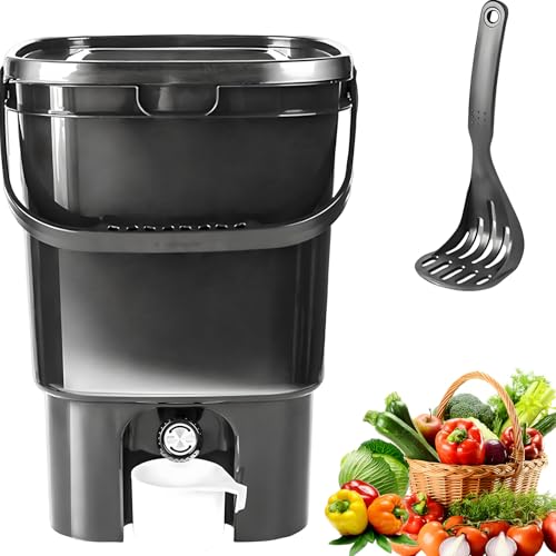 Bidone per compostaggio da 21 l, con coperchio con fibbia, portatile, per la fermentazione dei rifiuti alimentari, per giardino, cortile e balcone, separazione solido-liquido, ecologico