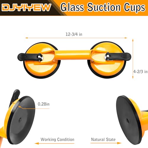Heavy Duty Glass Suction Cups Handle- Aluminum Vacuum Handle Glass & Tile Lifter - Ergonomic, Reliable Suction for Lifting Large Glass, Tile, Marble, Floor, Dent Puller (2 Pack Yellow)
