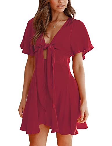 Sprime Women's Summer Casual Dress V Neck Short Flared Sleeve Flowy Solid Dresses Tie Knot Front Cut Out Swing Mini Dress #TOP1