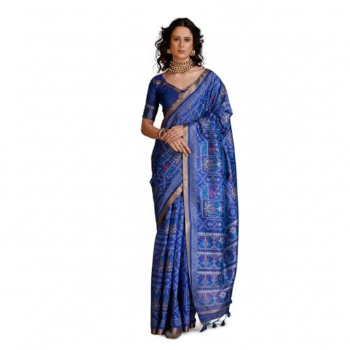 PHEASANT Royal Blue Ikkat Patola Handloom Weaving Cotton Silk Saree with Unstitched Blouse