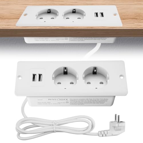 SPORWAY Presa da Tavolo a Scomparsa Con 2 Prese e 2 USB, Multipla, Cavo da 1,5 m, per Piano di Lavoro, Tavolo da Conferenze (Bianco)