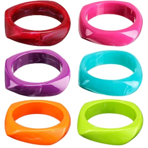 Landical 6 Pcs Colorful Square Acrylic Resin Bangle Bracelet Wide Geometric Irregular Wristbands Women (Rainbow Colors)
