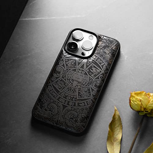 Carveit Magnetic Wood Case For Iphone 14 Pro Max [Natural Wood & Black Soft Tpu] Shockproof Protective Cover Unique & Classy Wooden Case Compatible With Magsafe (Mayan Symbols Calendar -Blackwood) #TOP3