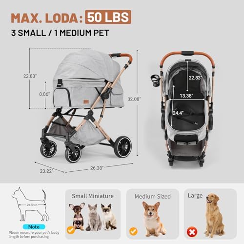 EchoSmile Ein-Knopf-Falt Hundewagen, Hundebuggy bis 20kg für kleine mittel Hunde & Katzen, Hunde Buggy & Katzenwagen mit Umkehrbarer Griff, Stoßdämpfung & Abnehmbares Waschbares Pad (Grau)