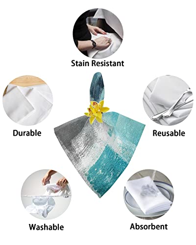 Turquoise Gray Cloth Napkins Set Of 8, Geometric Teal And Grey Cocktail Napkins 20 X 20 Inch, Abstract Art Oil Painting Washable Reusable Dinner Table Napkins For Farmhouse Wedding Holiday Party #TOP5