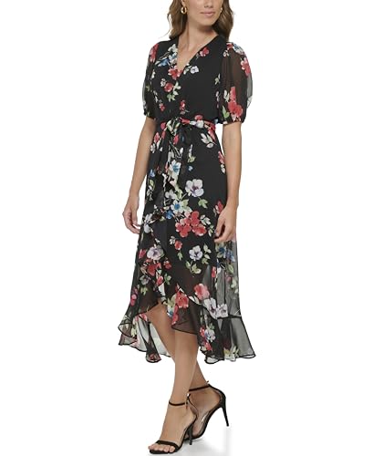 Image of DKNY Women's Ruffle Hem V-Neck Puff Sleeve Dress