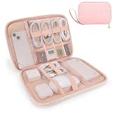Electronics Organizer Travel Case, Charger Bag Cord Organizer Travel, Compact Tech Pouch Cable Organizer Bag for Charger, Cords, Phone, Headphones, Flash Drive, SD Card (Pink, Large-Single Layer)
