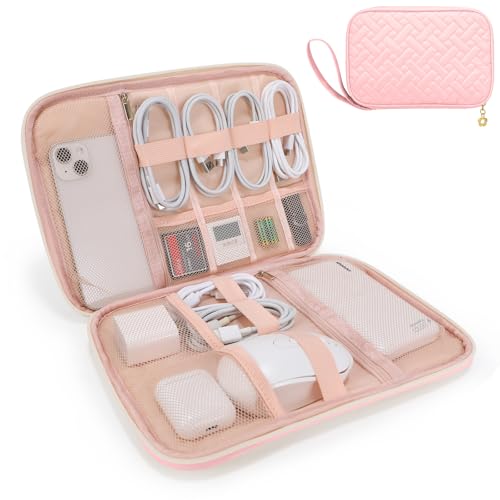 Electronics Organizer Travel Case, Charger Bag Cord Organizer Travel, Compact Tech Pouch Cable Organizer Bag for Charger, Cords, Phone, Headphones, Flash Drive, SD Card (Pink, Large-Single Layer)