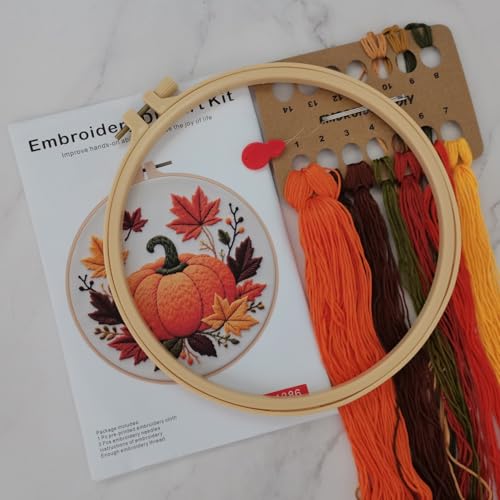 Image of Esffaci Embroidery Starter Kit for Adult Beginner with Pumpkin Flower Pattern Hand Embroidery Set with Cloth Hoop Needle Threader Floss and Instruction