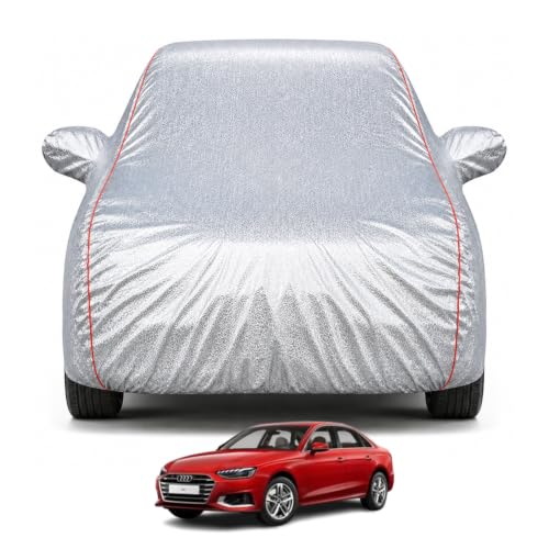 Image of Premium Car Cover for Audi A4 Model | Waterproof, UV & Dust Protection | Mirror & Antenna Pocket | Triple Stitched, Soft Inner Lining, Belt & Buckle (Metalic Silver)