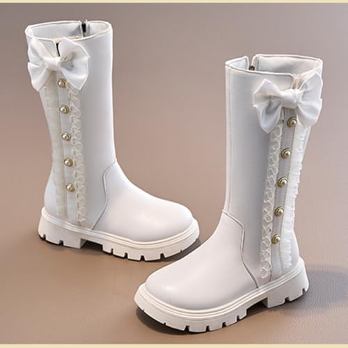 Girls Winter Mid Calf Side Zipper Leather Boots Pearl Bowknot Princess Boots3