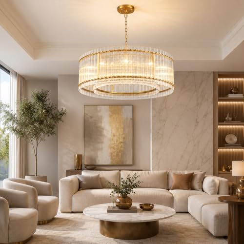 Image of 48-Inch Ripple Glass Chandelier, 2-Tier 10-Light Large Brass Round Chandelier for Dining Rooms, Living Rooms, Foyers, Staircases, Open-Concept Spaces & High Ceilings
