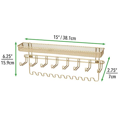 Mdesign Steel Wall Mount Closet Jewelry Storage Organizer Rack Holder With 8 Hooks And Basket For Bedroom - Holds Necklaces, Bracelets, Watches, Sunglasses, Purses - Concerto Collection, Gold Brass #TOP6