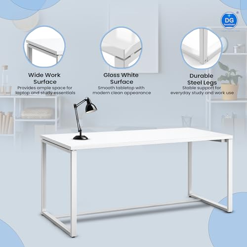 Image of Steel Metal Meeting Table Rectangular for WFH (Glossy White Finish top + White Legs Base Large 6 ft x 3 ft Top Size)