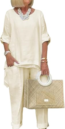 Bengbobar Women Linen 2 Piece Pants Suit for Women Dressy Cotton Linen Sets Outfits Long Sleeve Shirts Wide Leg Trousers