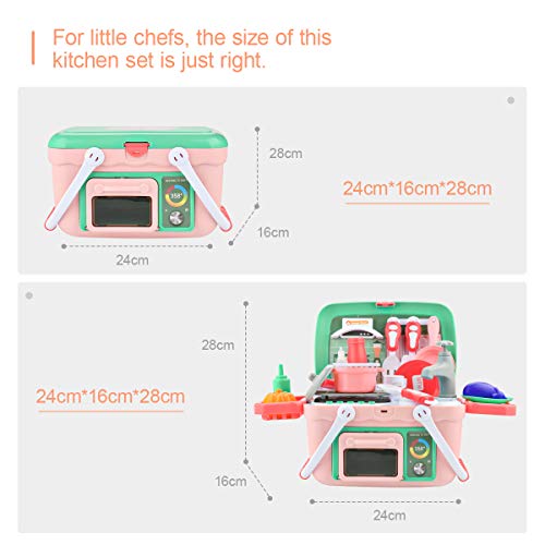 SHAWE Kids Kitchen Playset Toys 30 Pieces Pretend Play Chef Cooking Kitchen Set,Portable Basket Toy with Musics,Lights,Spray,Play Foods,Sink,Pretend Play Oven,Kitchen Accessories Toys for Boys Girls