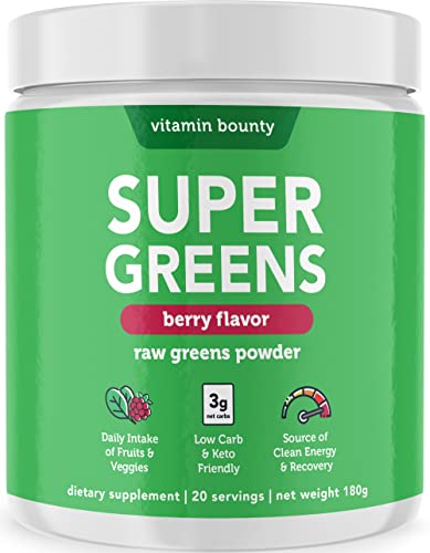 Raw Greens Powder - Berry Flavor Drink Mix - only 3g net Carbs per Serving - Keto Friendly, Plant Based Fruit & Vegetable Blend â€“ Super Greens Superfood Powder - Vitamin Bounty (20 Servings)