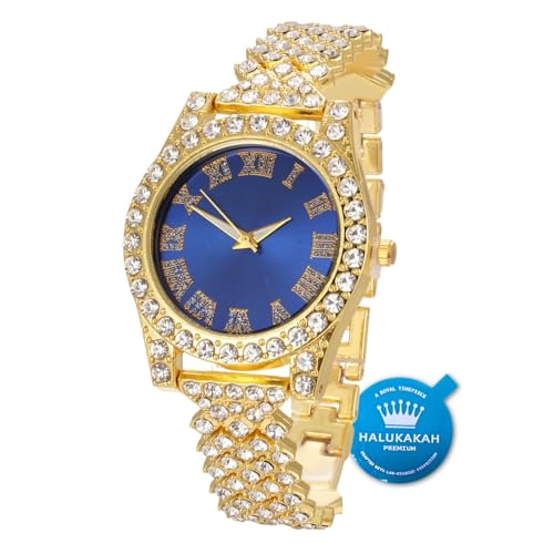 HALUKAKAH Diamants Montre en Or,Enfant Or Véritable 18K Plated 36MM Largeur Bleu Cadran Quartz 20cm, Boîte Cadeau Gratuite