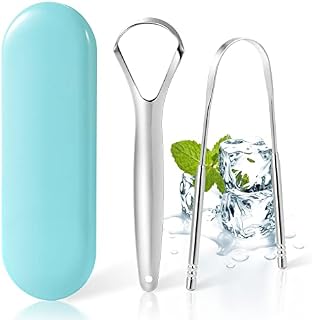 Annhua Tongue Scraper with Storage Box, 2 Pack Stainless Steel Tongue Cleaners(U Shaped & Handle Shaped)