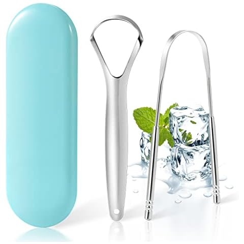 Annhua Tongue Scraper with Storage Box, 2 Pack Stainless Steel Tongue Cleaners(U Shaped & Handle Shaped) Cover