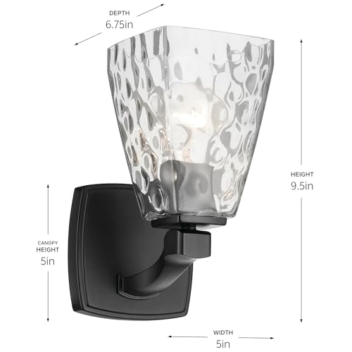 Image of Kichler Marant 5 inch 1-Light Wall Sconce Bathroom Light Fixture with Clear Water Glass in Black, Modern Vanity Light for Bathroom, Powder Room, Hallway (5 inch W x 9.5 inch H), 55214BKWTR