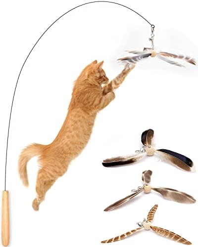 Auesorne Spining Cat Toys with Cat Wand and 3 Feather Propeller Refills for All Cats, Kitty Toys Kitten Toys for Indoor Cats with Wood Handle, Flexible Steel Wire and Bell