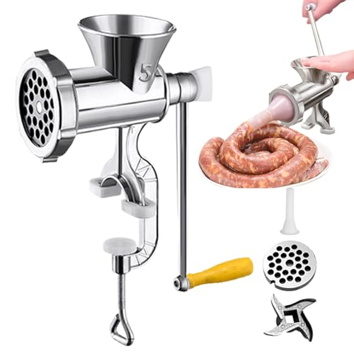Picadora de carne multifuncional: máquina manual de 25 x 15 cm o 28 x 26,5 cm, aleación de aluminio + acero de tungsteno, picadora de carne manual con accesorio para salchichas y cabezal de corte