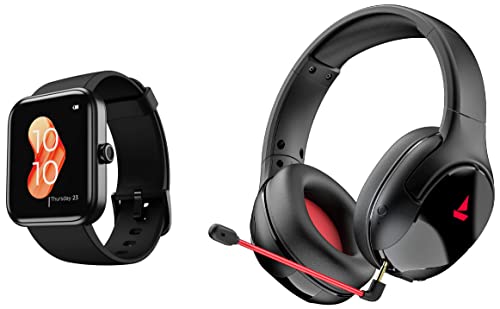 Image of boAt Xtend Smartwatch with Alexa Built-in, 1.69 inch HD Display, Multiple Watch Faces & Immortal Im 1300 Gaming Bluetooth Wireless Over Ear Headphones With Mic With 2.4Ghz Ultra Low Latency Mode Upto 35Ms