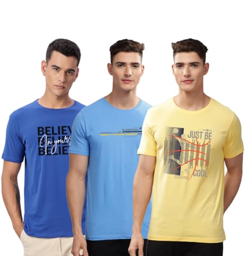 Image of ADRO 100% Cotton Lycra Tshirts for Men Combo Pack of 3 | Regular Fit | Printed T Shirt | Round Neck Half Sleeve| Mens Tshirts