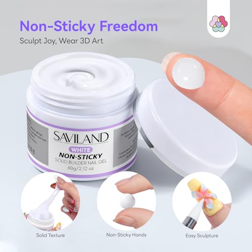 Image of SAVILAND White Solid Builder Nail Gel Kit: Non-Sticky 60 g Sculpture Gel for Nail Art with Chrome Powder Sequins Sculpture Pen Non-Wipe Extensions 3D Nails Art Designs DIY Home