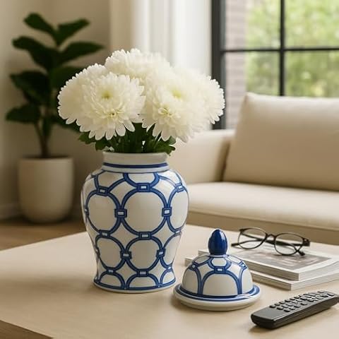 Decorative Ceramic Temple Jar for Living Room Decor - Stylish Home Decor for Bedroom, Office, and Table Centerpiece - Modern Flower Vase for House Accent, Entryway, or Kitchen - 11", Blue & White Cover