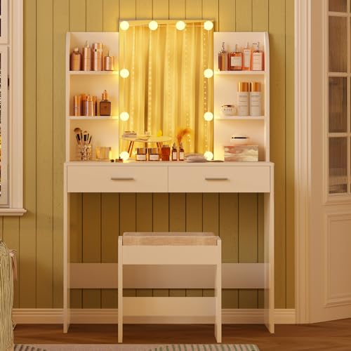 usikey Vanity Desk with Mirror & Lights, Makeup Vanity Table with 2 Large Drawers, 6 Storage Shelves & Stool, Bedroom Dressing Vanity Table with 3 Color Light Adjustable, White