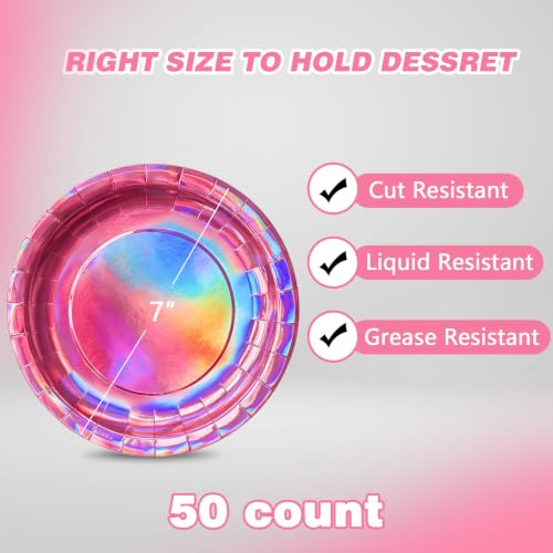 Image of Iridescent Hot Pink Paper Plates, 7 Inch Dessert Cake Plates, 50 Count Bulk | Colored and Sturdy Durable Party Plates, For Mermaid Disco Kpop Birthday, Bridal Showers, BBQ, Pool Parties, Food-Safe