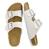 CUSHIONAIRE Lane Cork Footbed Mens Sandals, Adjustable Buckle Comfort Slides for Men, Genuine Leather Insole Summer Sandals Men Footwear, WHITE 9