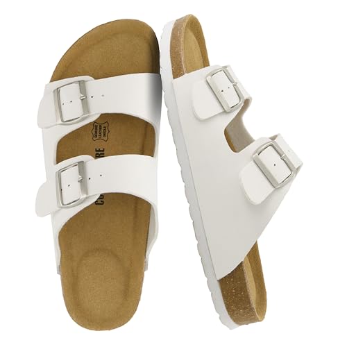Image of CUSHIONAIRE Lane Cork Footbed Mens Sandals, Adjustable Buckle Comfort Slides for Men, Genuine Leather Insole Summer Sandals Men Footwear, WHITE 11