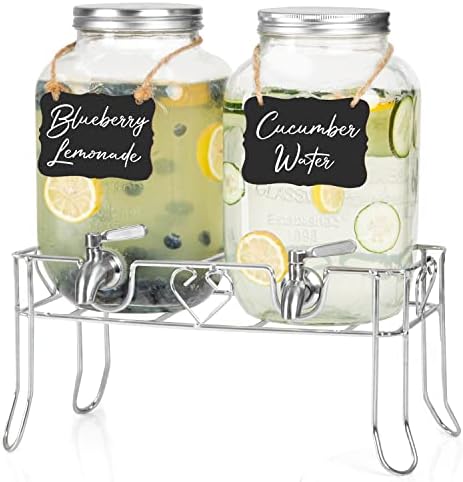 Outdoor Glass Beverage Dispenser 2 Pack with Sturdy Metal Base, Hanging Chalkboards & Stainless Steel Spigots - 1 Gallon Double Drink Dispensers for Lemonade, Tea, Cold Water, Laundry Detergent & More