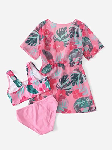 Milumia Girl's 3 Piece Bikini Set Floral Print Swimsuit With Tie Front Coverup Kimono Hot Pink 6-7 Years #TOP1