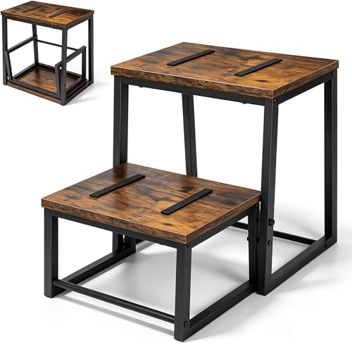 smusei 2 Stufen Tritthocker Klappbar für Erwachsene & Kinder, 3-in-1 Stabiler Holzhocker Fußbank Abnehmbar für Küche, Bad, Schlafzimmer, Toiletten, Tragfähigkeit 200KG -Braun