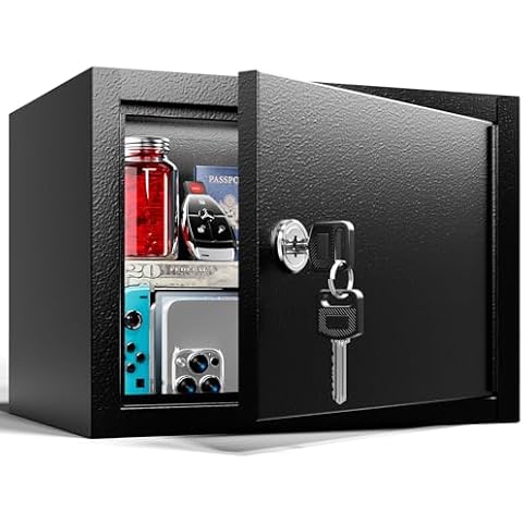 Grimtron Small Safe Box - (0.22 cu. ft.) Lock Box with Key Lcok for Kids, Medicine Safe for Grandmother, PSP Safe Box for Improved Self-Control, Mini Safe for Passport, Jewelry, Cash and Travel Use Cover