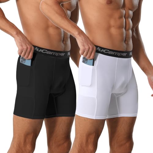 NuCamper Men’s Compression Shorts with Pocket Spandex Athletic Underwear Performance Gym Boxer Briefs Cool Dry Baselayer