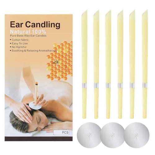 100% Natural Organic Beeswax Hopi Ear Candles,6 Hand-Crafted Candles for Wax Removal Medical Grade with Safety Disc and Double Wax Removal Filter Relaxing Free Ebook