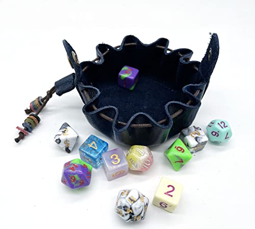 Blue Color Handmade Portable Genuine Leather Drawstring Pouch, Dnd Dice Tray Bag, Coin Purse,Jewelry Storage Bag, For D&D Roleplaying Game And Other Uses,Great For Coins And Accessory Collector #TOP2