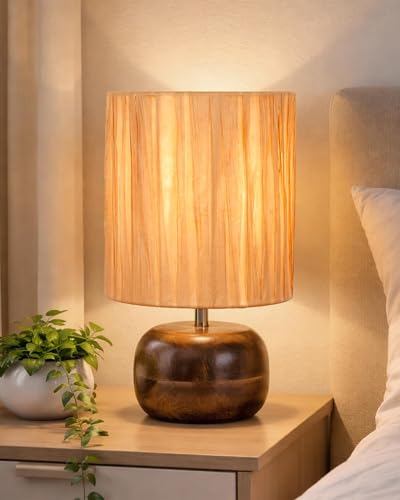 Image of Homesake Handcrafted Wooden Base Table Lamp with Warm Shade, Livra, Bedside Night Light for Bedroom, Living Room, Study Table, Home Decor, Ambient Lighting