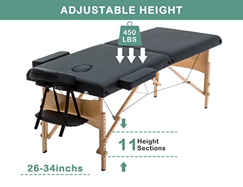28 in Wide Massage Tables Portable Lash Bed 73 inch Tattoo Table, Height Adjustable Portable Spa Bed, 2 Folding Chiropractic Table w/Carry Case/Face Cradle/Hand Pallet for Travel Physical Therapist