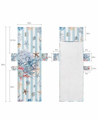 Coastal Octopus Beach Chair Cover with Side Pockets, Microfiber & Quick Dry Pool Chaise Lounge Chair Towels Covers for Sun Sunbathing Patio Garden Hotel, Ocean Blue Stripes Starfish Coral Shell Conch