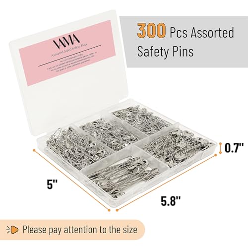 Image of VAMA 300 Pcs 5 Assorted Sizes of Durable, Silver Small and Large Safety Pins Bulk, Rust-Resistant Nickel Plated Steel, Sharp Edge Pins for Clothes, Sewing, Arts & Craft